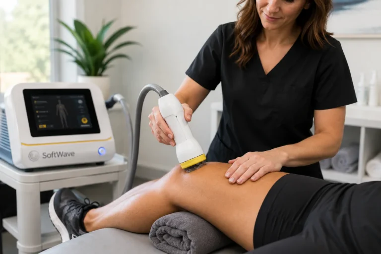 Provider performing SoftWaveTRT therapy for recurring pain on a patient's knee.