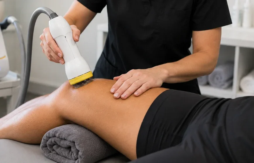 Provider performing SoftWaveTRT therapy for recurring pain on a patient's knee.