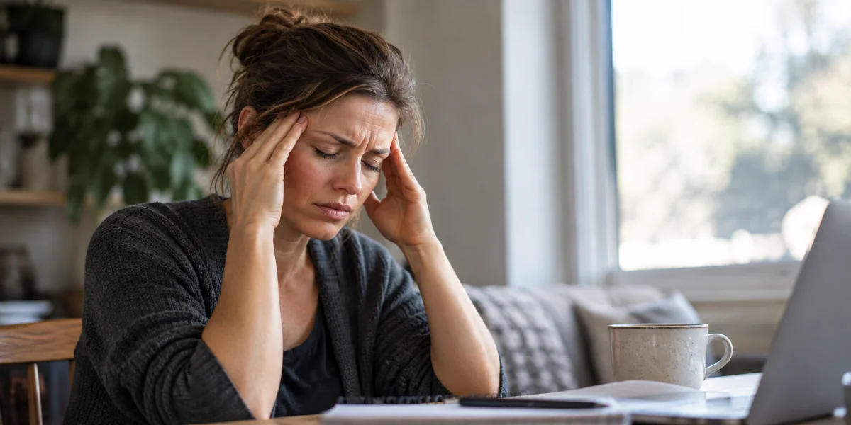 Woman experiencing migraine pain at home.